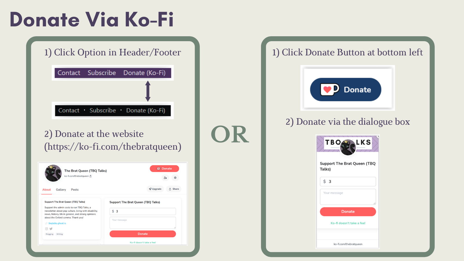 A visual depiction of the above instructions on how to donate via Ko-Fi