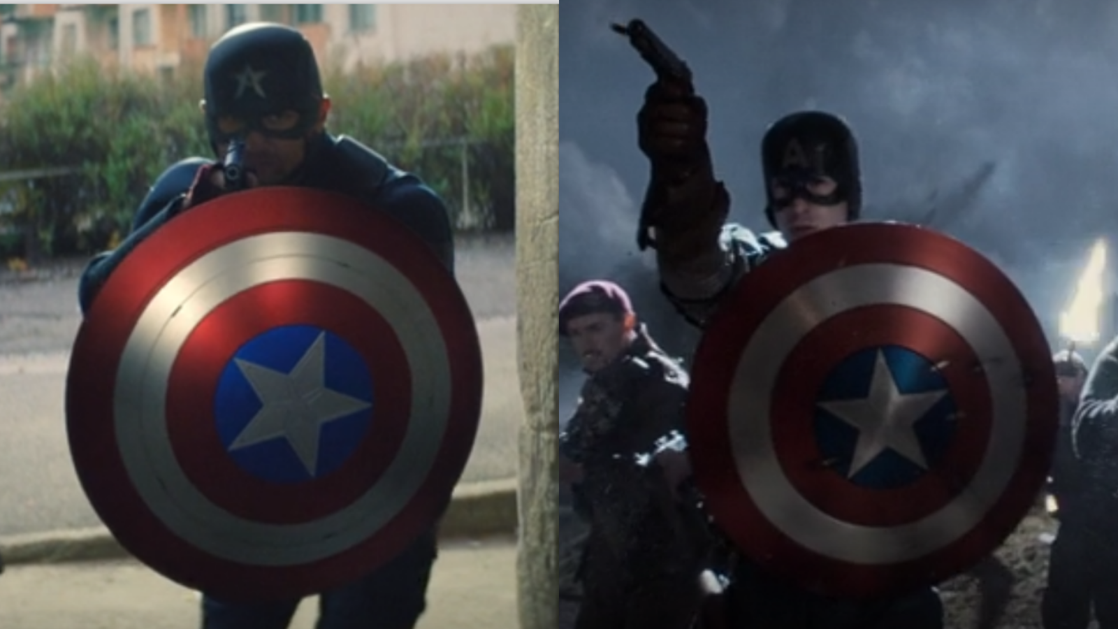 Side by side comparison of John Walker and Steve Rogers holding the shield.