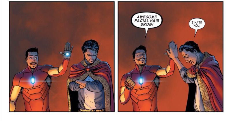 Tony and Stephen from the comics high fiving over being "Awesome facial hair bros!" 