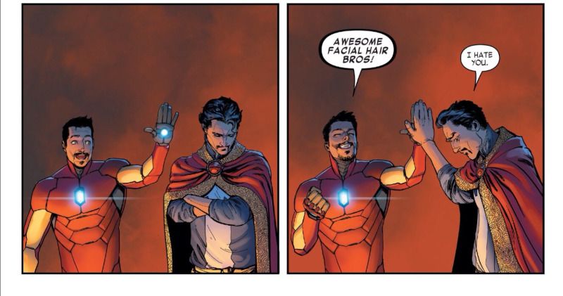 Tony and Stephen from the comics high fiving over being "Awesome facial hair bros!"