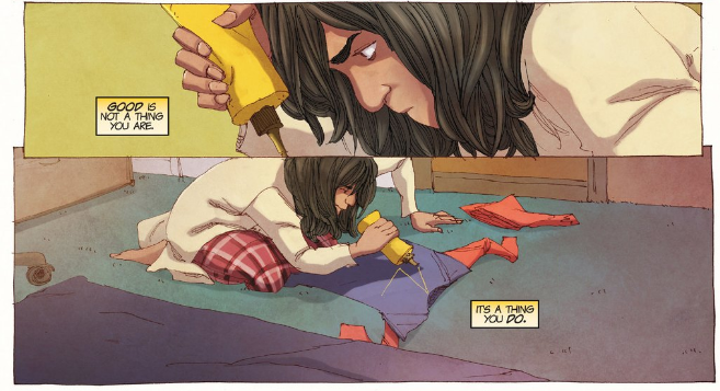 Image from the comics where Kamala is working on her costume while thinking "Good is not a thing you are, it's a thing you do."
