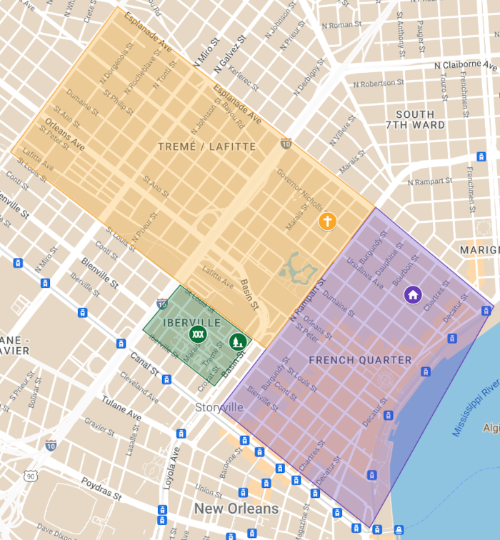 A map of New Orleans where colored borders indicate where the French Quarter, Storyville, and Treme are.