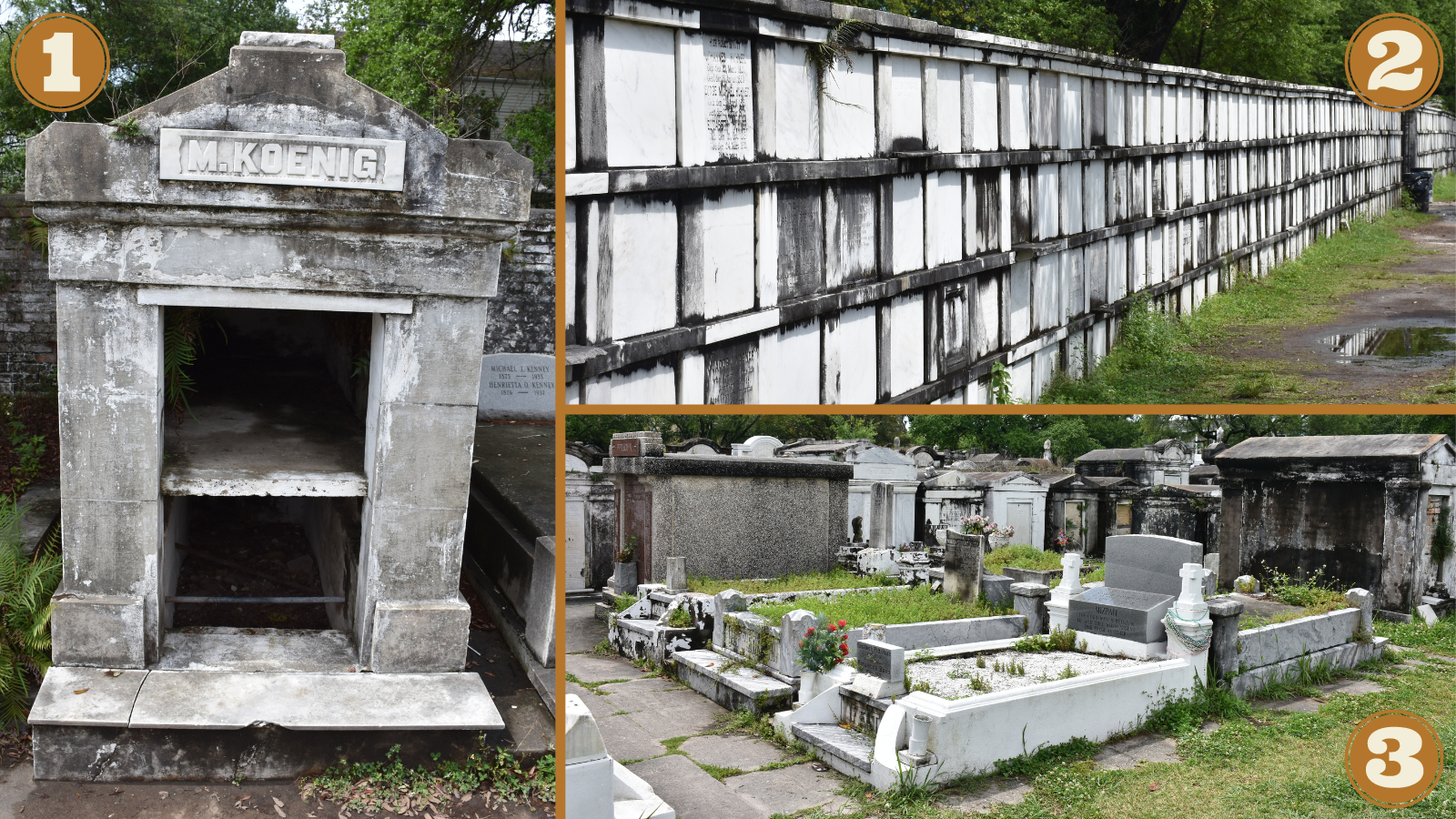 A collage of tombs in Lafayette Cemetery. By the number one is an open tomb, number 2 is the tombs in walls, and by number three is raised dirt burial spaces.