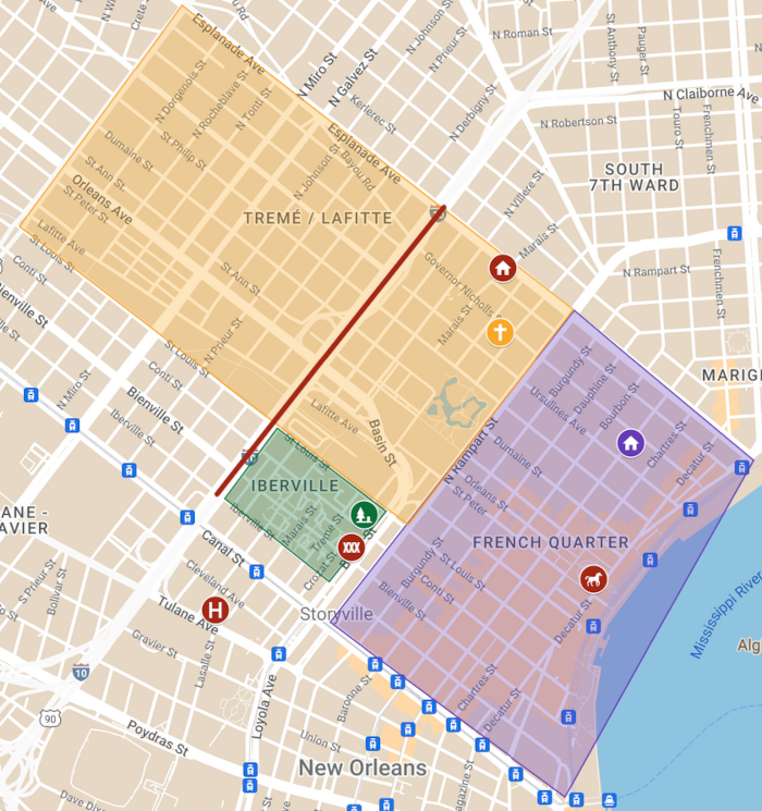 A map of New Orleans which shows locations from episode three of Interview With the Vampire
