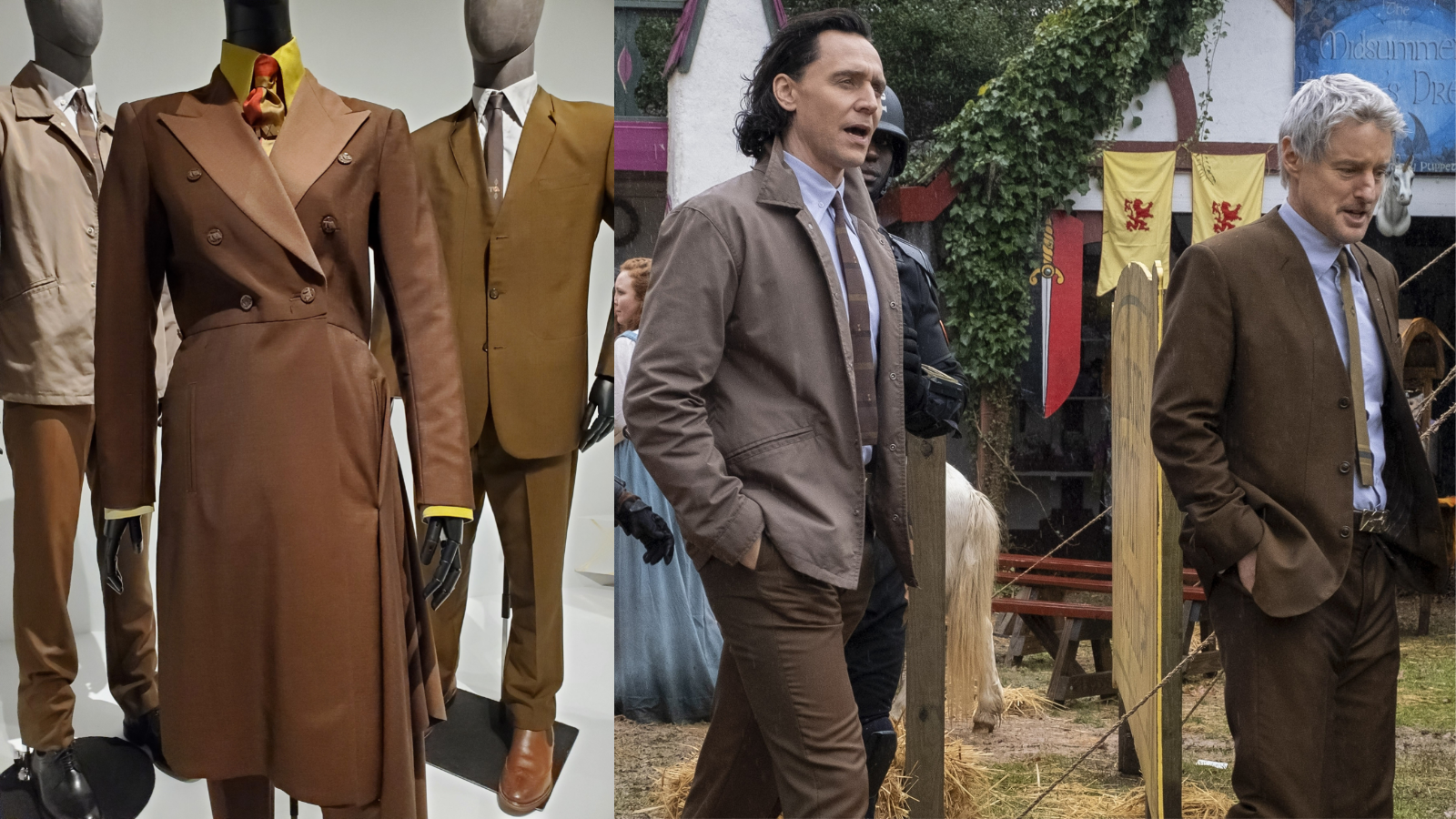 Loki, Ravonna, and Mobius's TVA outfits on three mannequins on the left, Loki and Mobius wearing those outfits in the show on the right.