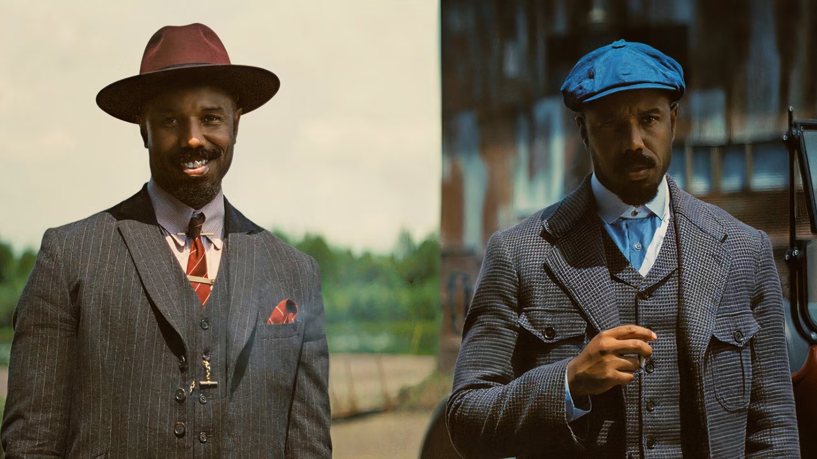 Michael B Jordan as Stack and Smoke in the movie Sinners. The one on the left is wearing various items that are colored red, the one on the left is in blue. Further details are explored in the paragraphs below.