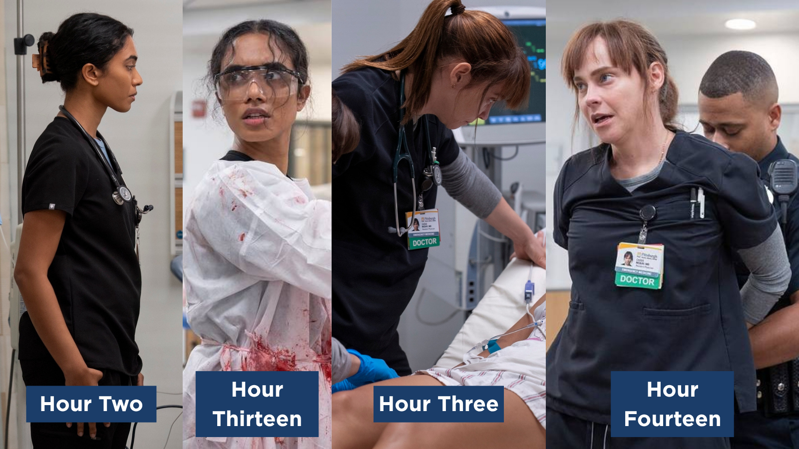 Supriya Ganesh and Fiona Dourif's characters at various times in the show. In Hours Three and Four their hair and clothing looks neat. In Thirteen and Fourteen their hair and clothes are various forms of messy.